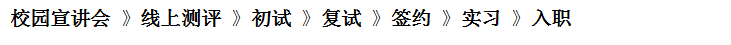 校園宣講會(huì) 》線上測評(píng) 》初試 》復(fù)試 》簽約 》實(shí)習(xí) 》入職